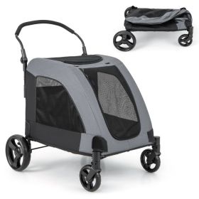 4 Wheels Extra Large Dog Stroller Foldable Pet Stroller with Dual Entry (Color: Gray)